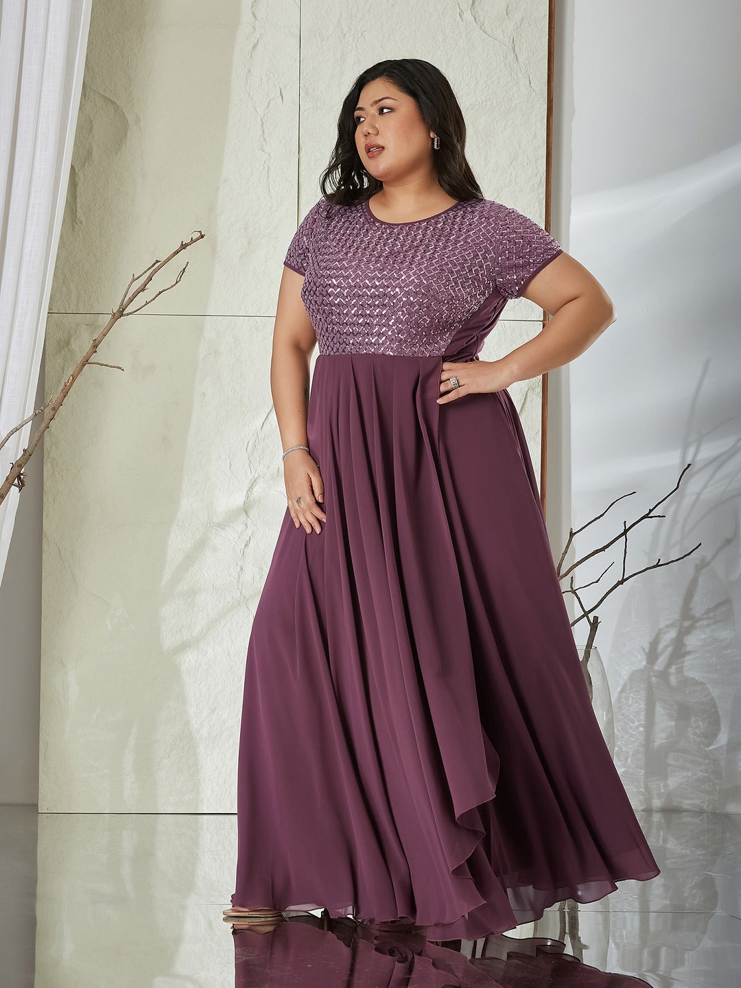 Mauve Round Neck Cap Sleeve Embellished Fit & Flare Maxi Crepe Dress for Women