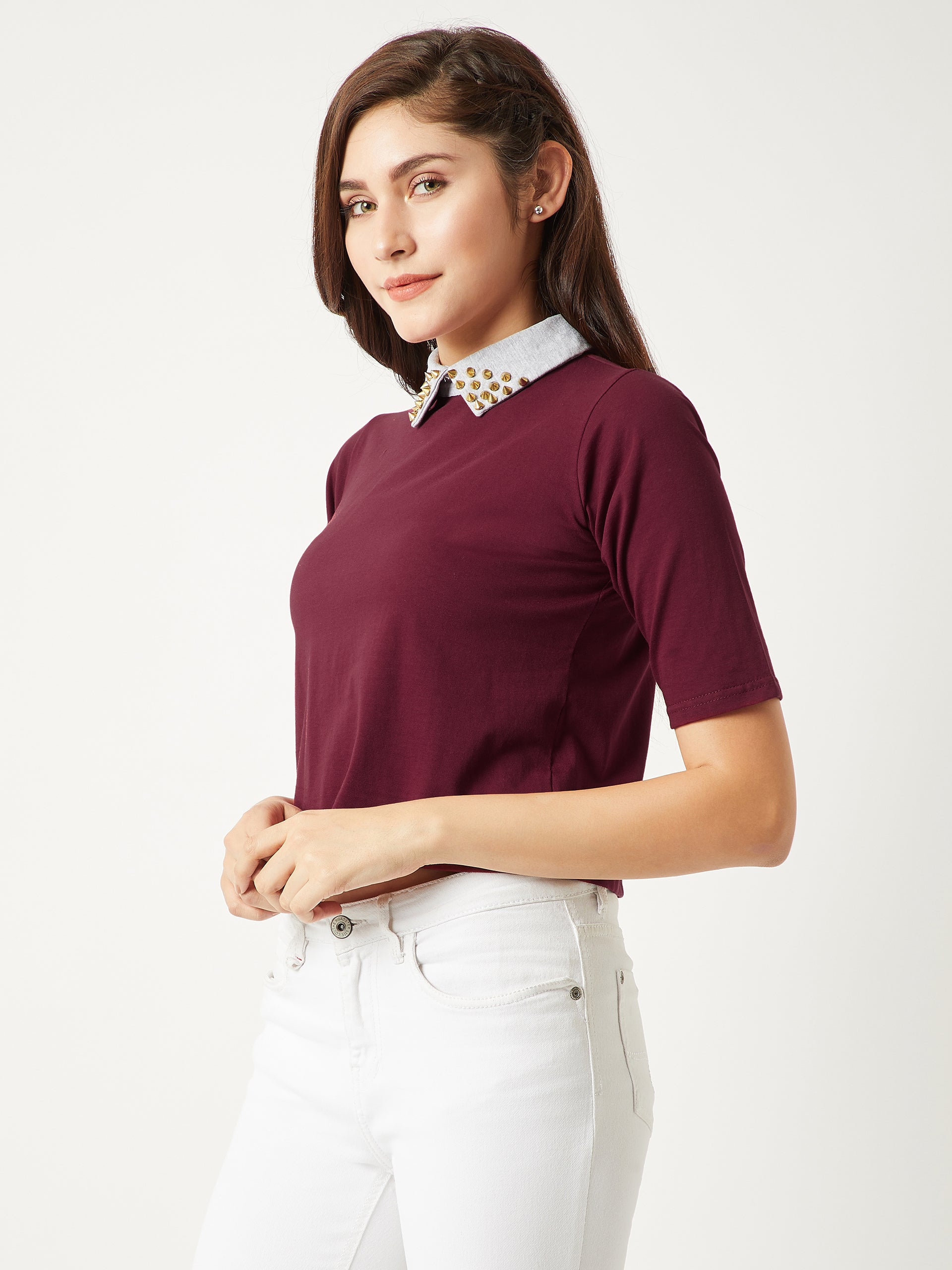 Women's Maroon Round Neck Half Sleeve Cotton Solid Embellished Buttoned Collared Crop Top