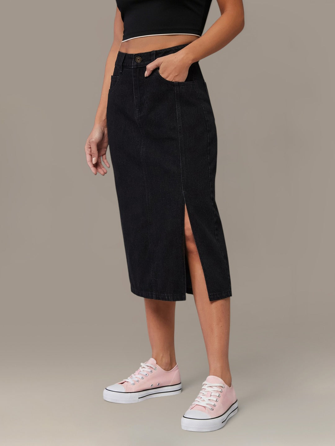 Black Straight-Fit High-Rise Stretchable Denim Midi Skirt for Women