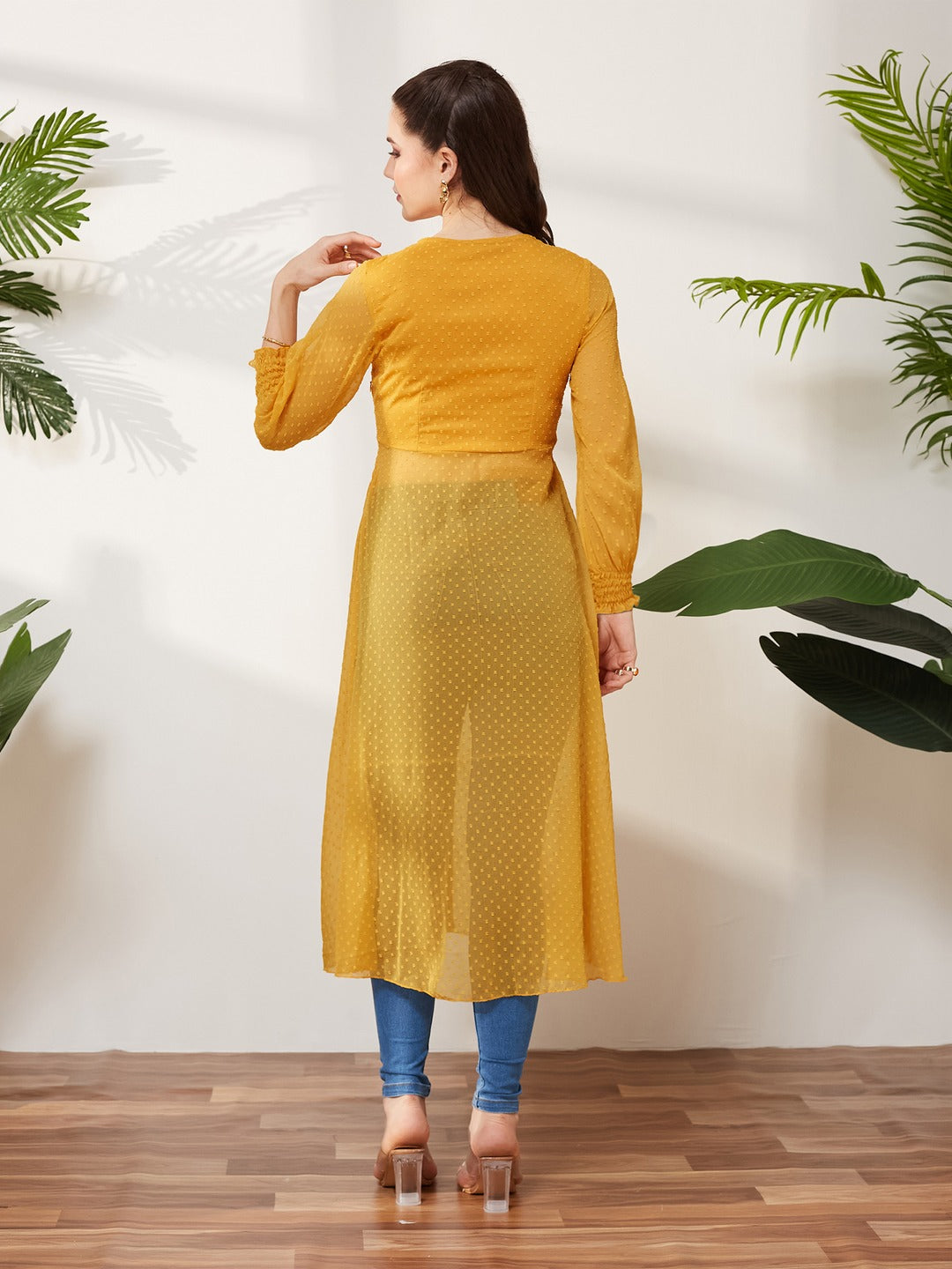 Mustard Yellow V-Neck 3/4 Sleeves solid empire Maxi Top for Women