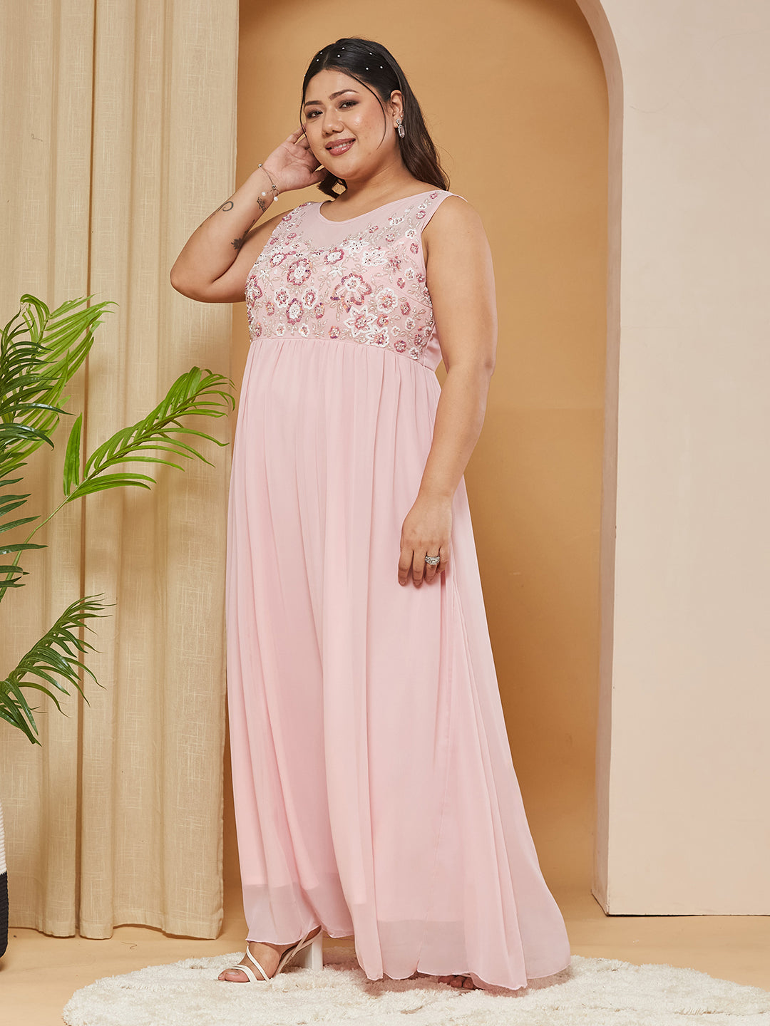 Dusty Pink Boat-Neck-Sleevesless Embellished Gathered Regular Dress for Women