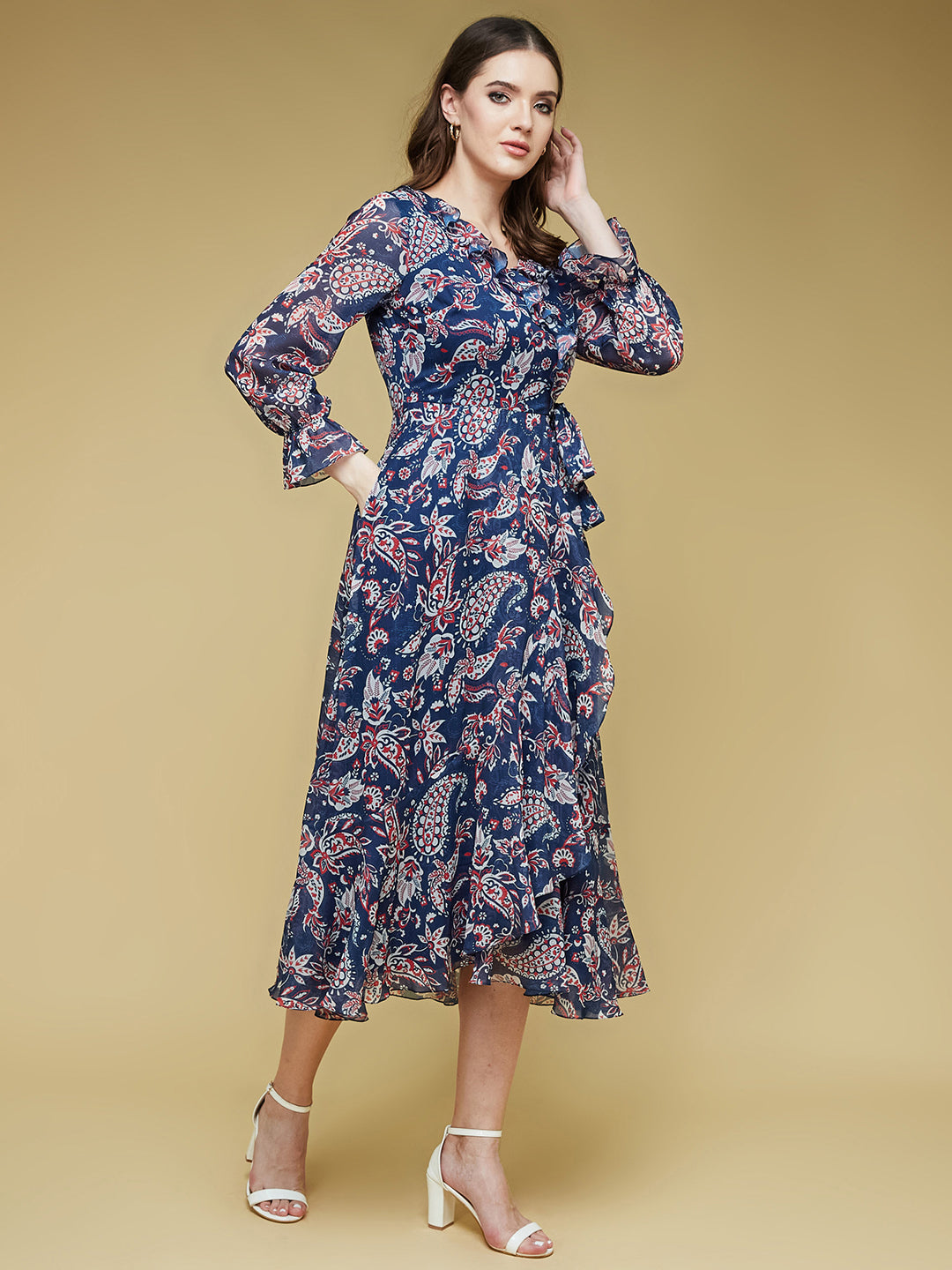 Women's Multicolored-Base-Navy Blue V Neck Full Sleeves Polyester Relaxed Fit Midi Length Dress