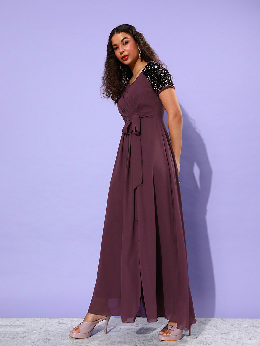 Women's Mauve Relaxed Fit   Maxi   Georgette Dress