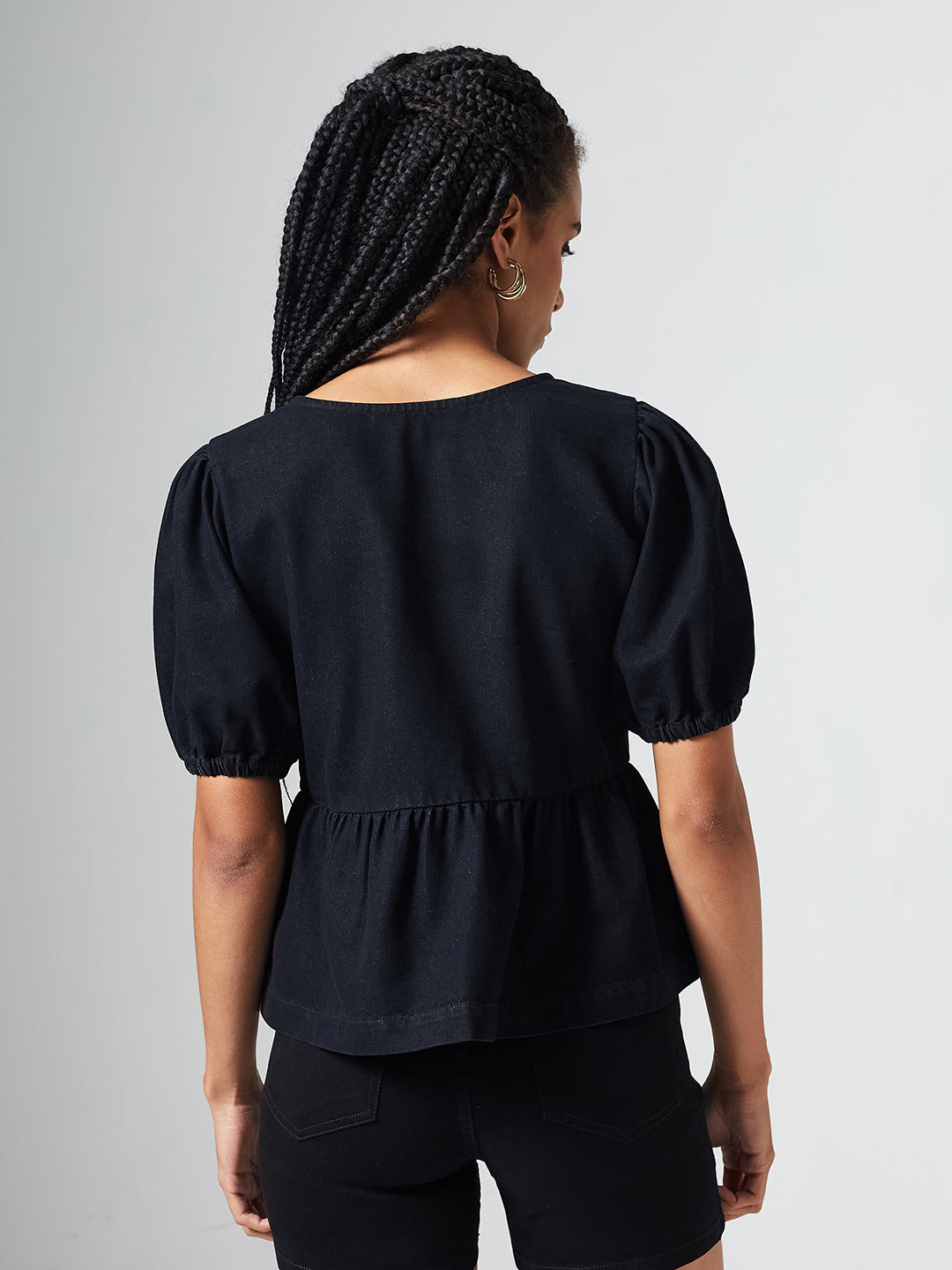 Black Round Neck Puff Sleeve Tie-Up Peplum Denim Top for Women