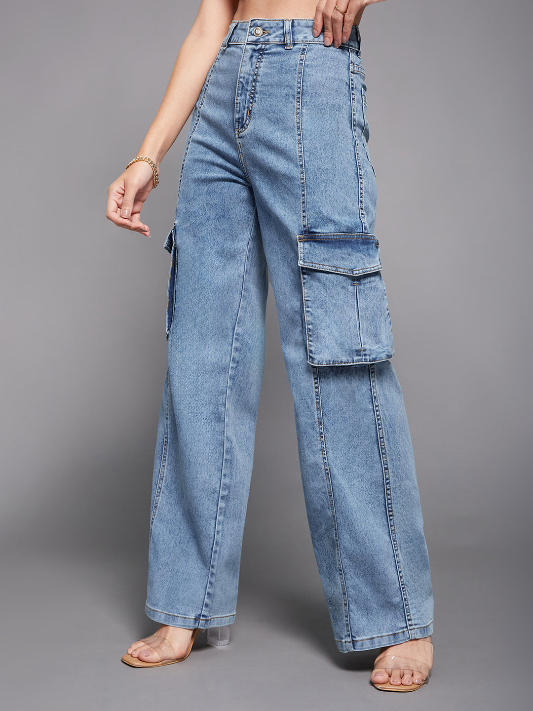 Women's Blue Wide-Leg High-Rise Clean-Look Regular-Length Stretchable Patch-Pocketed Denim Jeans