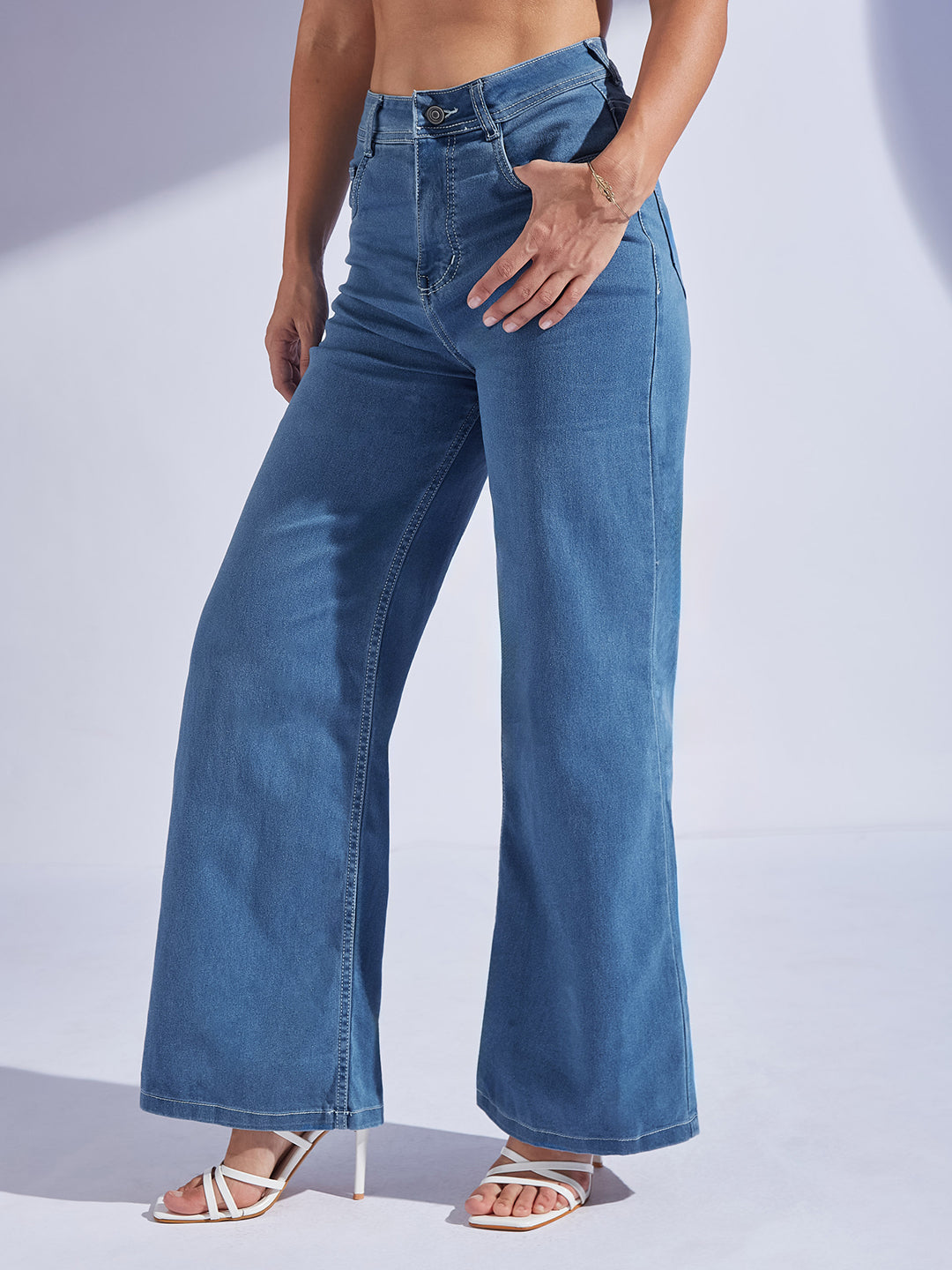 Women's Blue Wide-Leg High-Rise Regular-Length Stretchable Denim Jeans