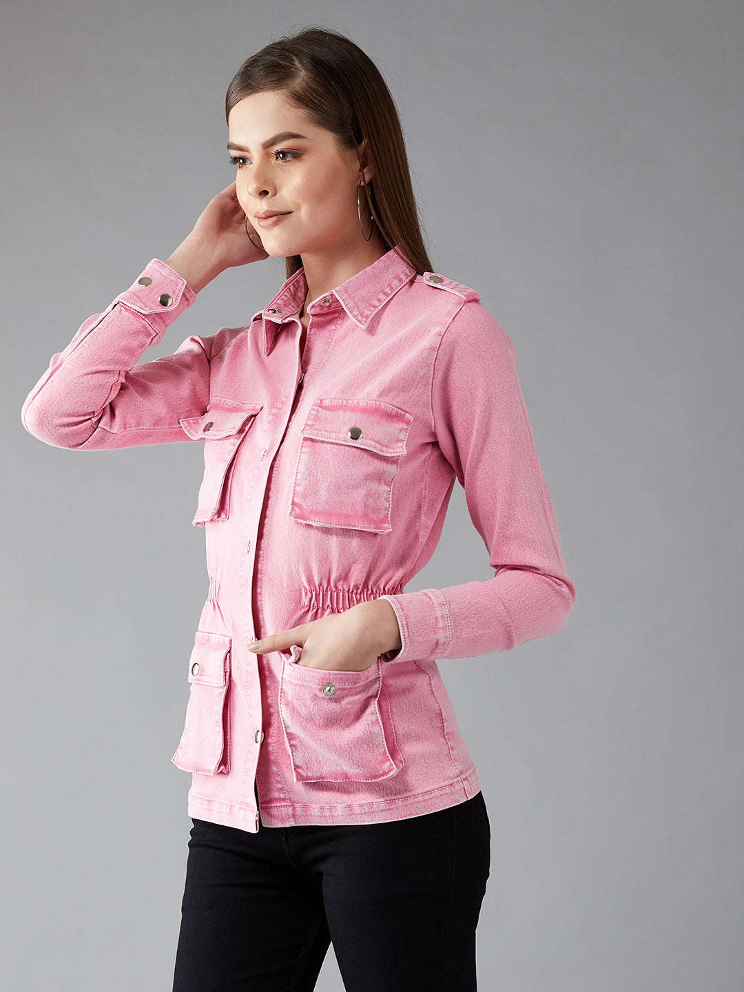 Women's Pink Polo Neck Full Sleeves Denim Solid Regular Length Jacket