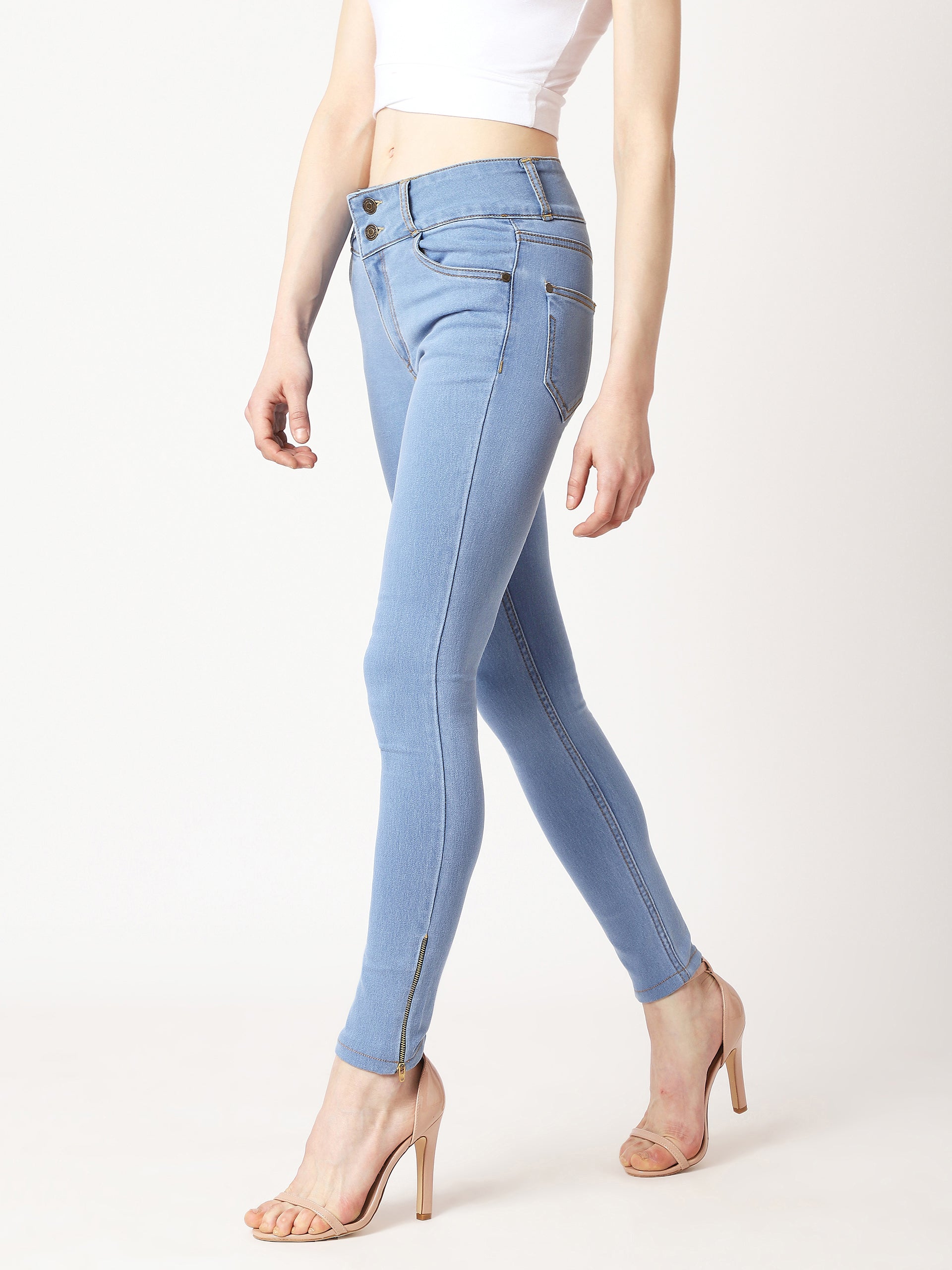 Women's Blue Skinny High Rise Broad Waist Band Zipper Detailing Clean Look Regular Length Denim Jeans