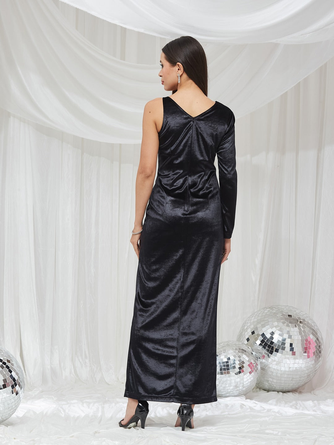 Black Asymmetric Asymmetric Solid Bodycon Maxi Velvet Dress for Women