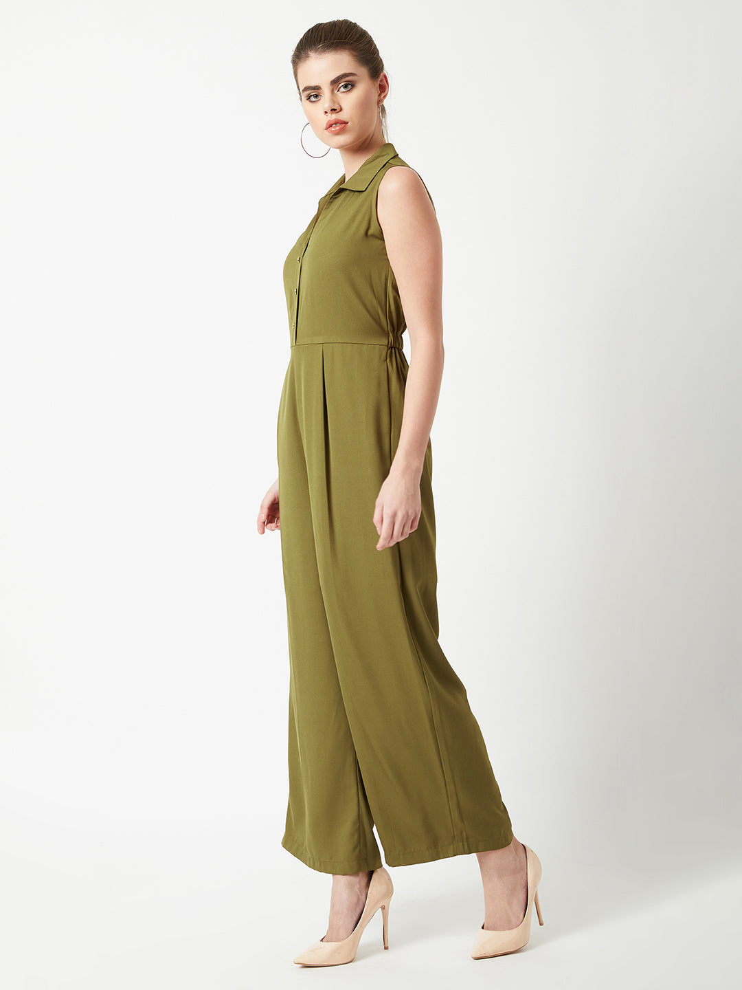 Women's Olive Green Collared Sleeveless Solid Wide Leg Regular Length Elasticated Jumpsuit