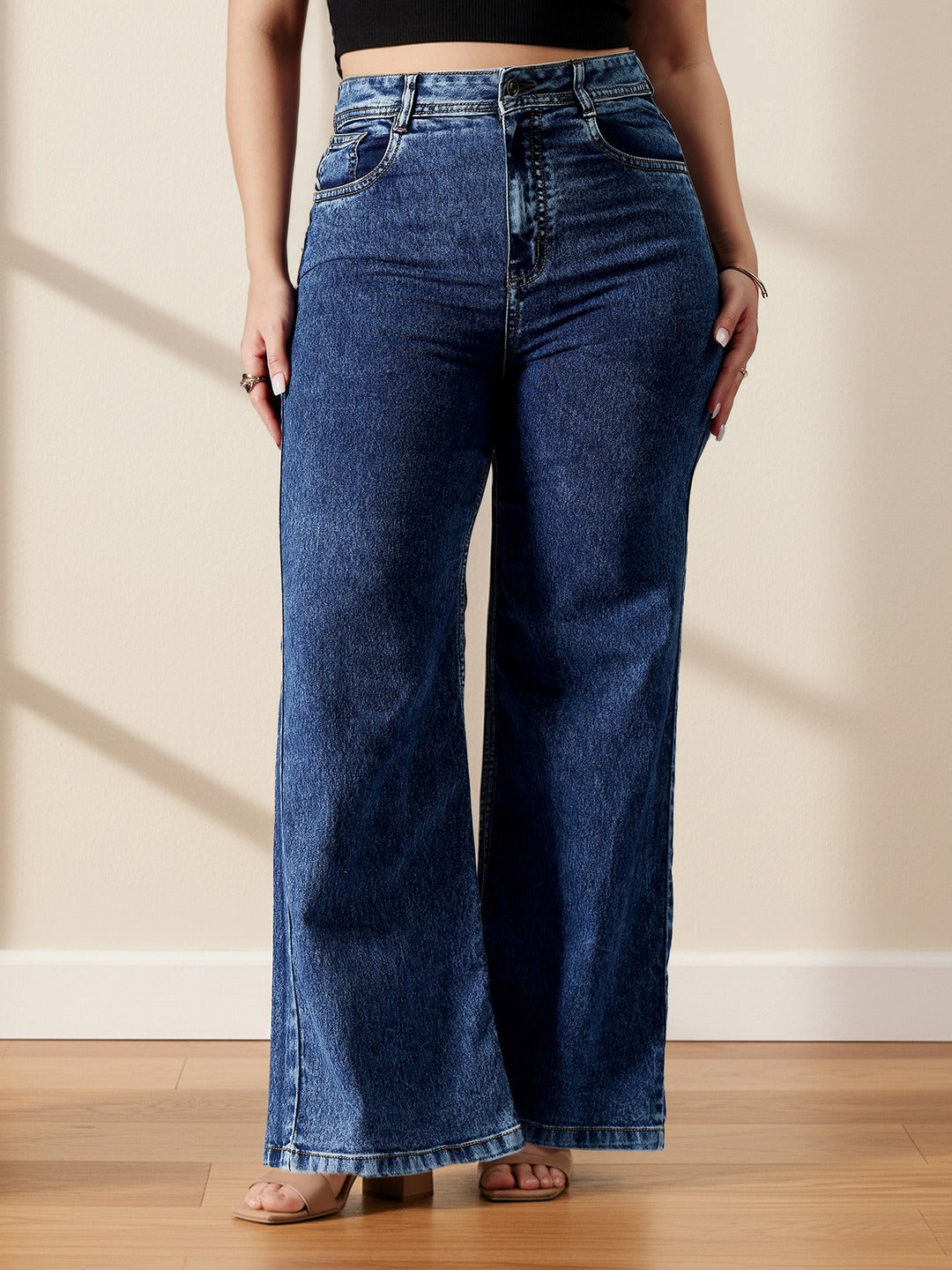 Mid Blue Wide-Leg High-Rise Stretchable Denim Jeans for Women