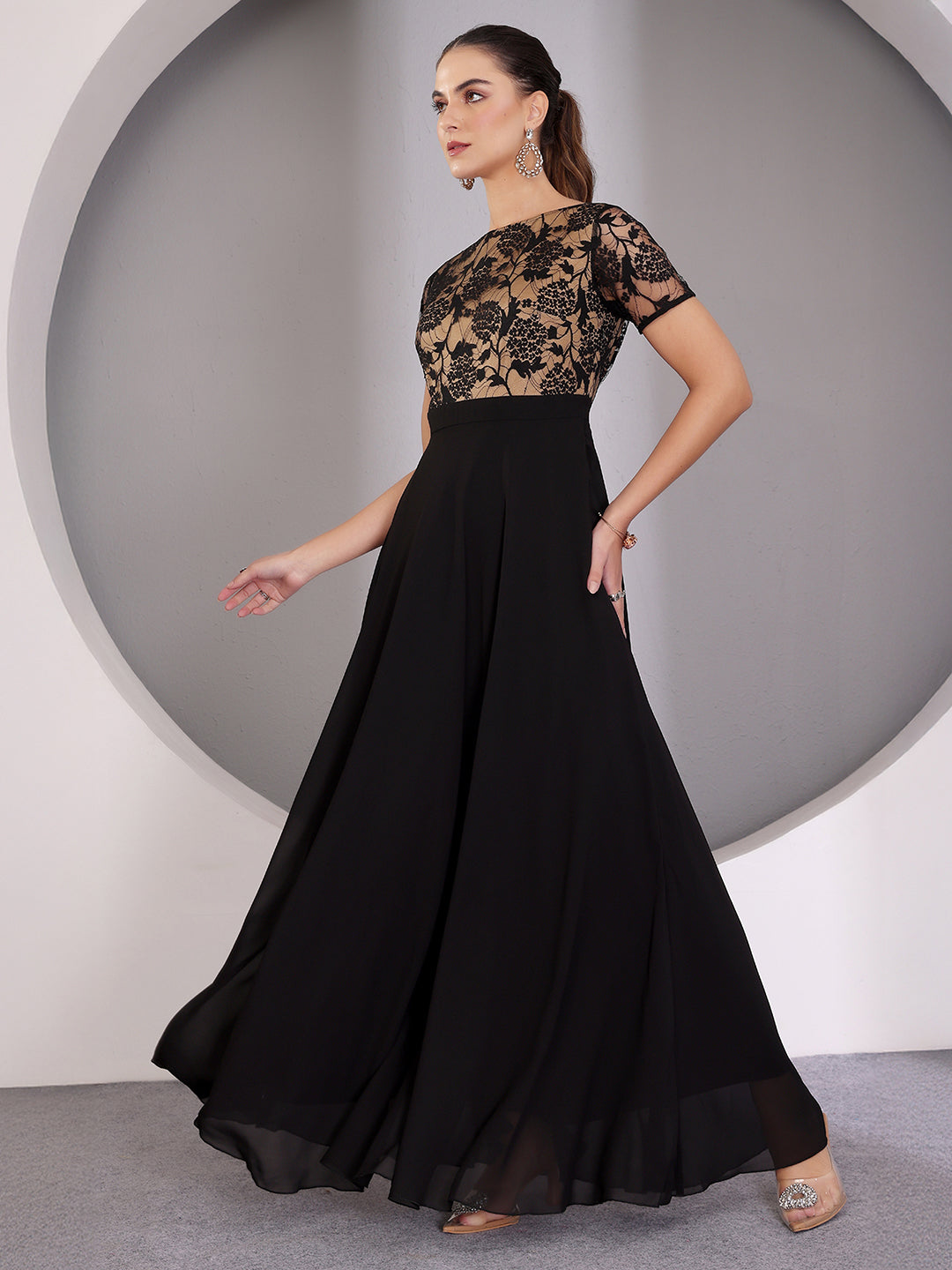 Women's Black Round Neck Half Sleeve Self Design Fit & Flare Georgette Maxi Dress