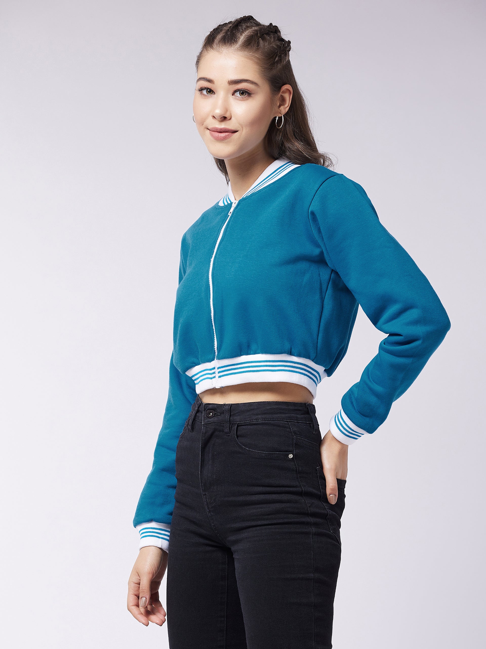 Women's Teal V-Neck Full Sleeve Solid Crop/Bomber Crop Jacket