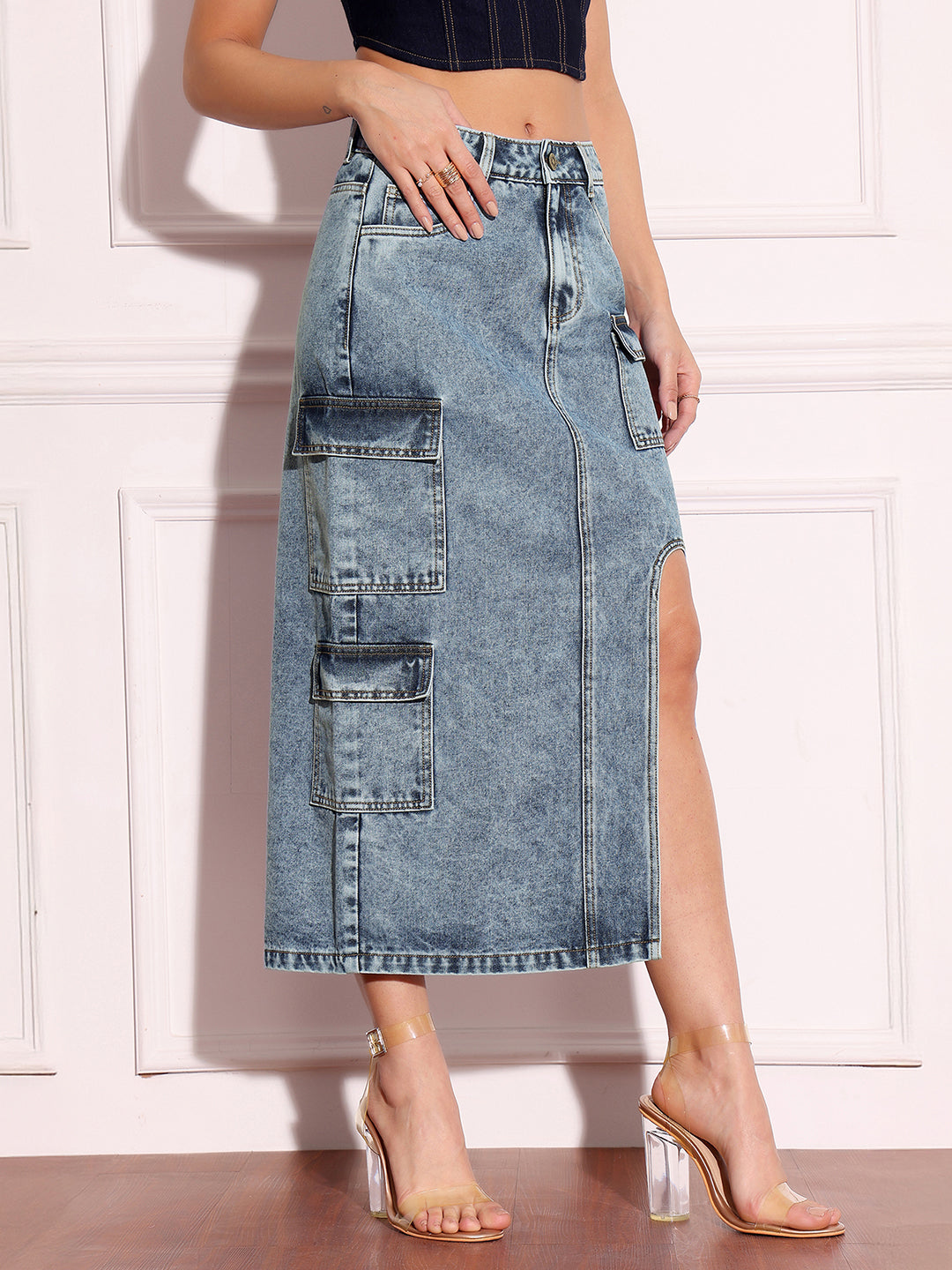 Women's Blue Straight-Fit High-Rise Non-stretchable Denim Midi Skirt