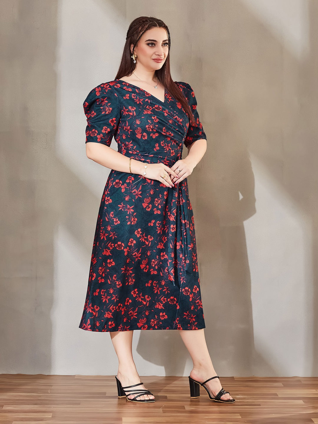 Teal V-neck Puff Sleeve Floral Wrap Midi Dress for Women