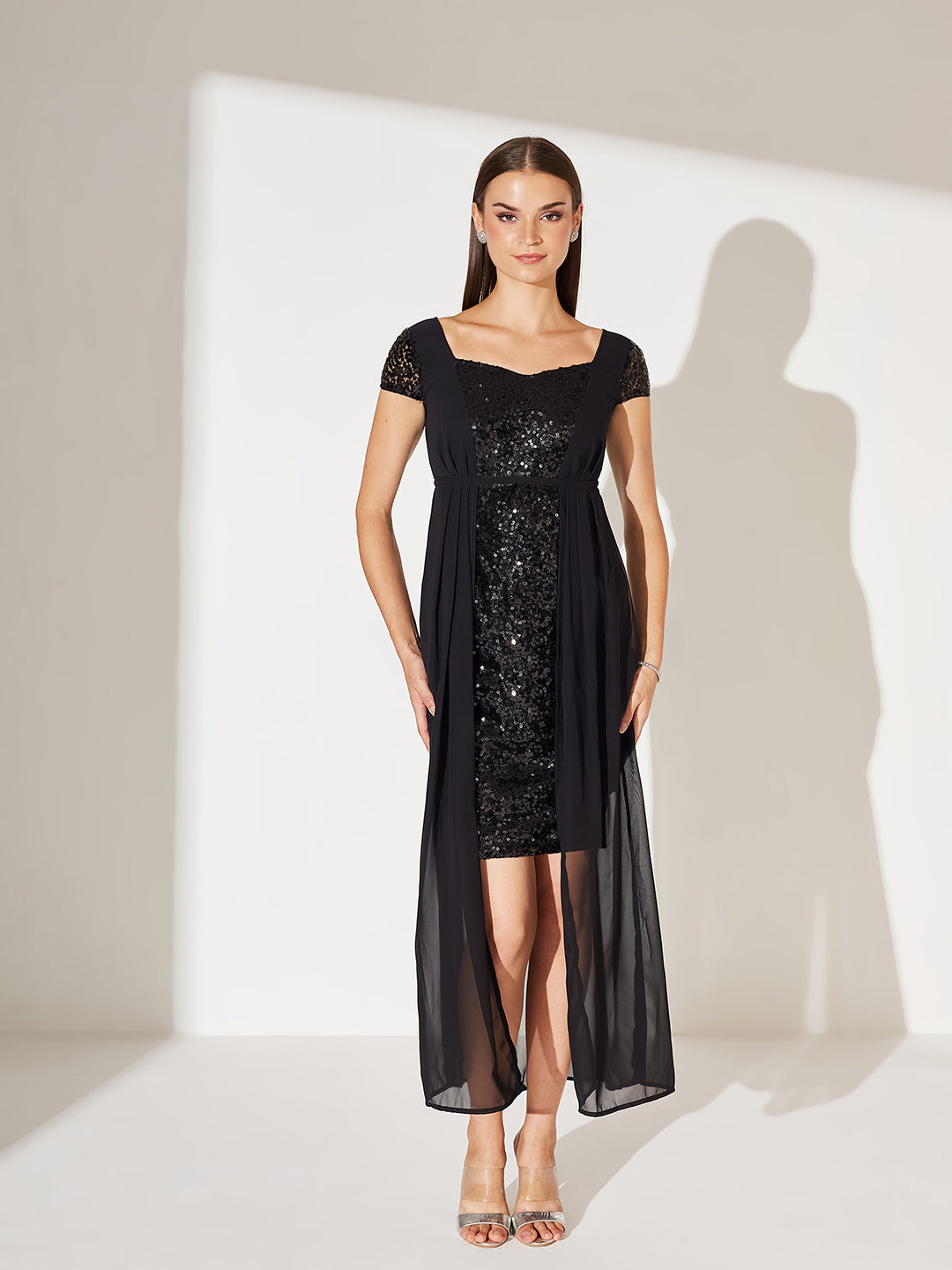 Women's Black Embellished Fit & Flare Maxi Dress