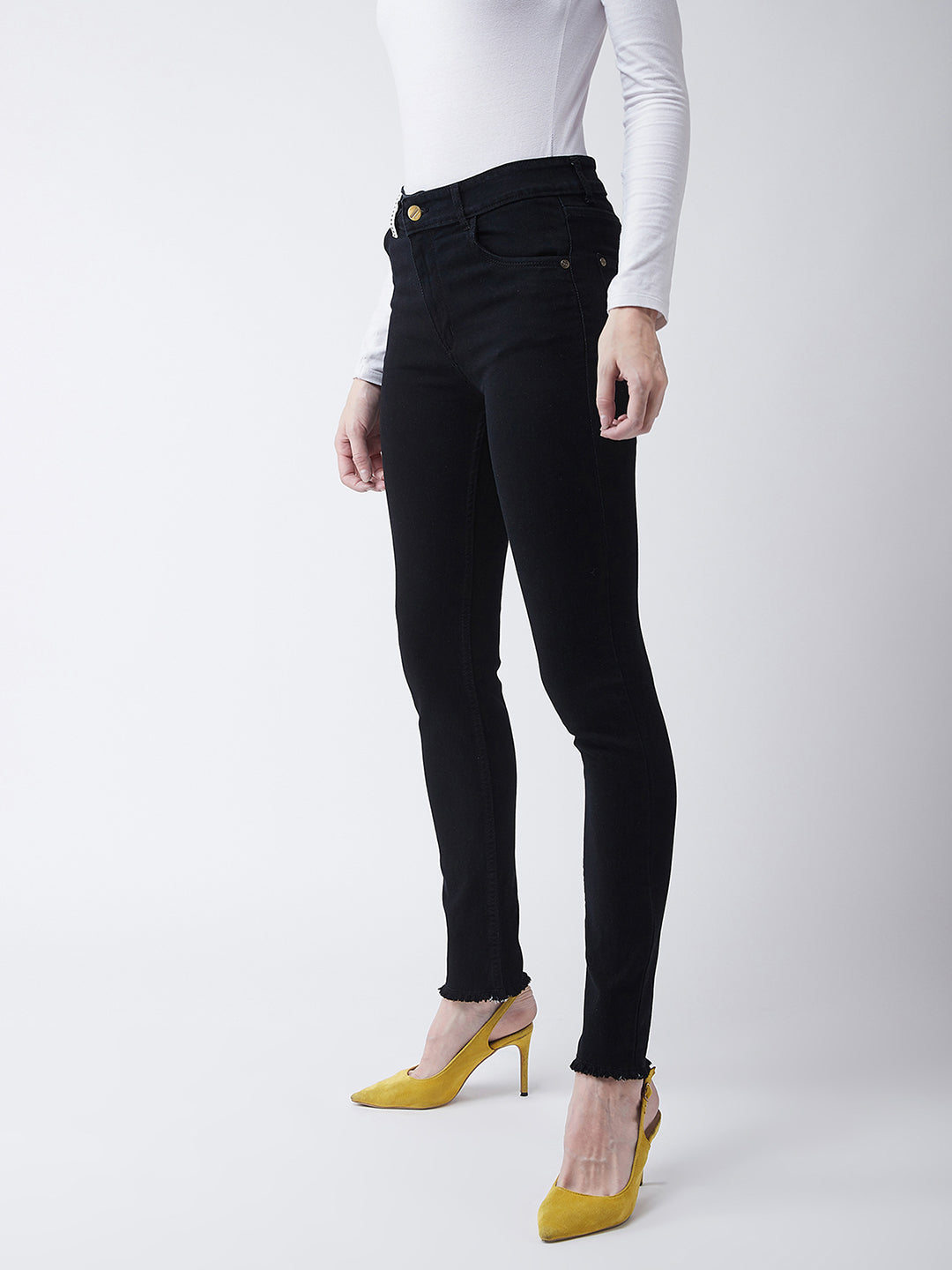 Women's Black Slim Fit High Rise Regular Length Twill Tape Detailing Stretchable Denim Jeans