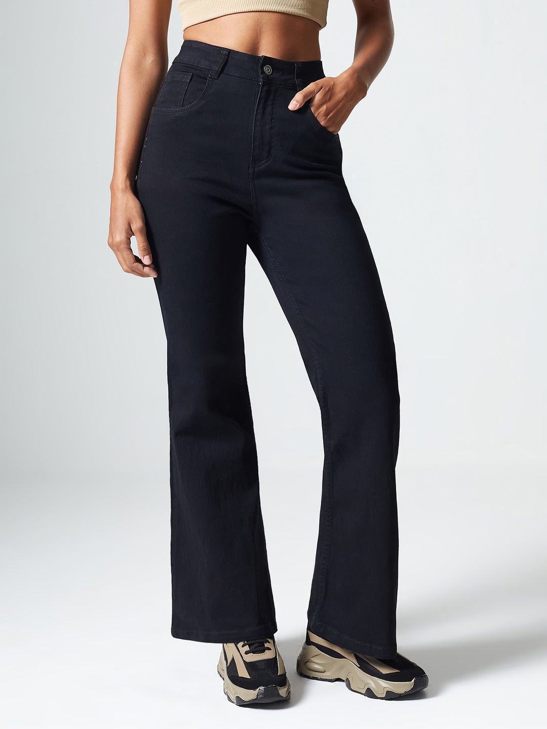 Black Bootcut High rise Clean look Regular Stretchable Denim Jeans for Women