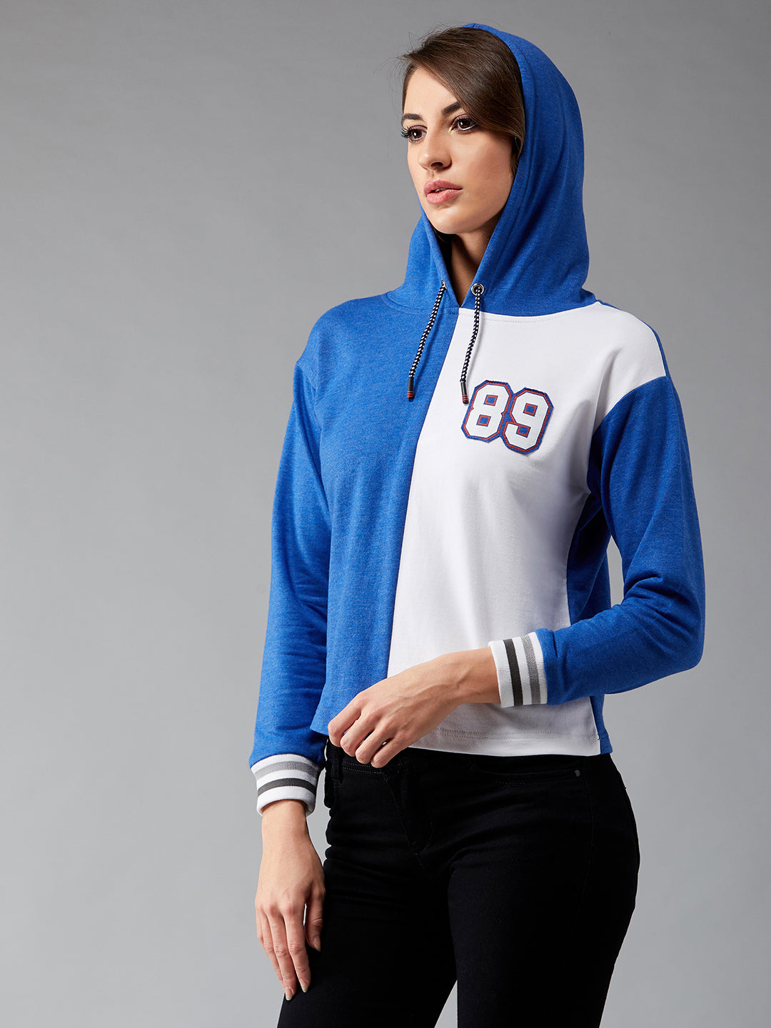 Women's Multicolor-Base Azure Blue Round Neck Full Sleeves Ribbed Solid Drop Shoulder Regular Length Color-blocked Sweatshirt