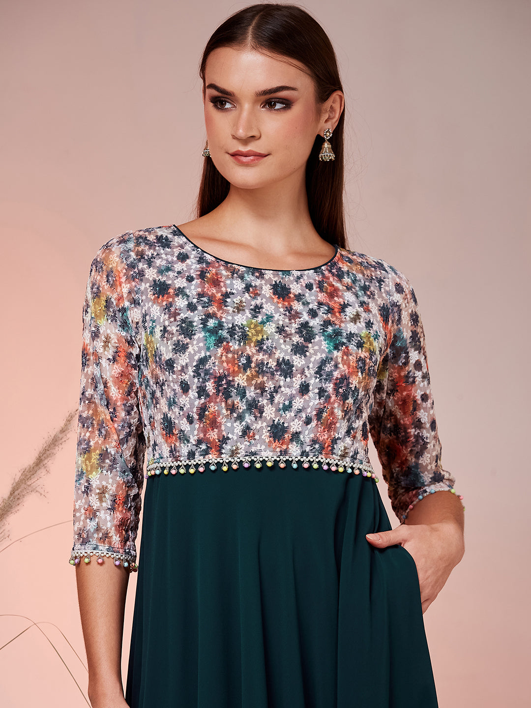 Teal Round Neck 3/4 Sleeve Embellished Embellished Maxi Georgette Ethnic Dress for Women — Miss Chase