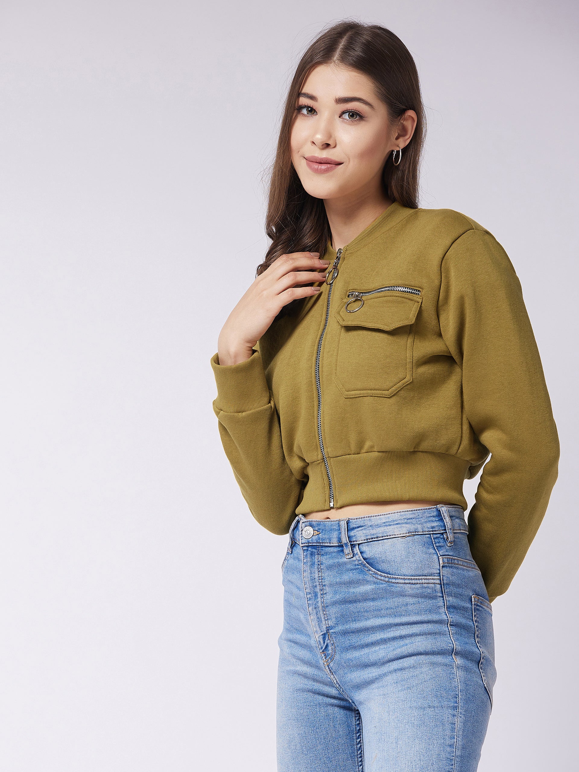 Olive Stand Collar Full Sleeve Solid Boxy/Bomber Crop Jacket for Women — Miss Chase