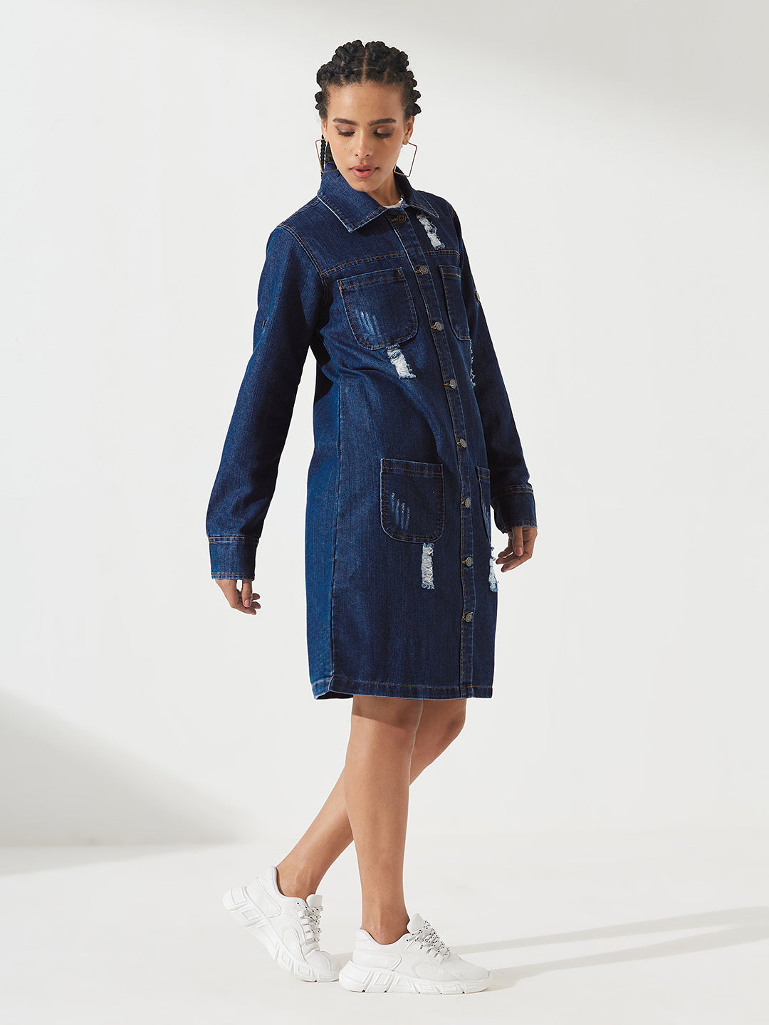 Navy-Blue Solid Polo Neck Full Sleeves Patch Pocket Denim Overcoat Knee-Length Jacket for Women