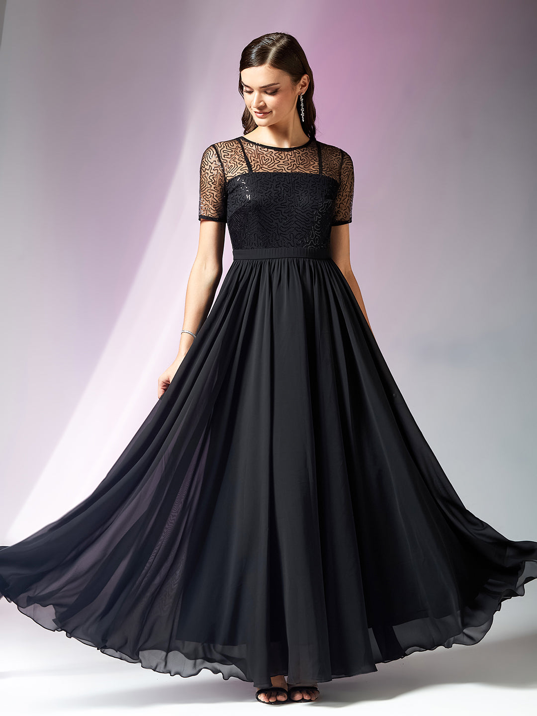 Black Relaxed Fit Maxi Georgette & Sequins Dress for Women