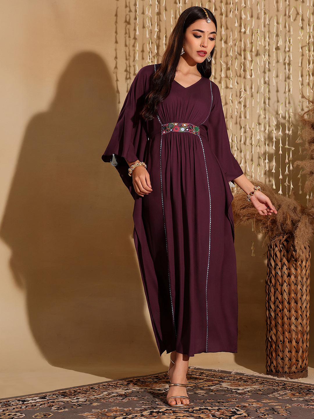 Women's Wine V-Neck 3/4 Sleeve Solid Viscose Rayon Maxi Kaftan Dress