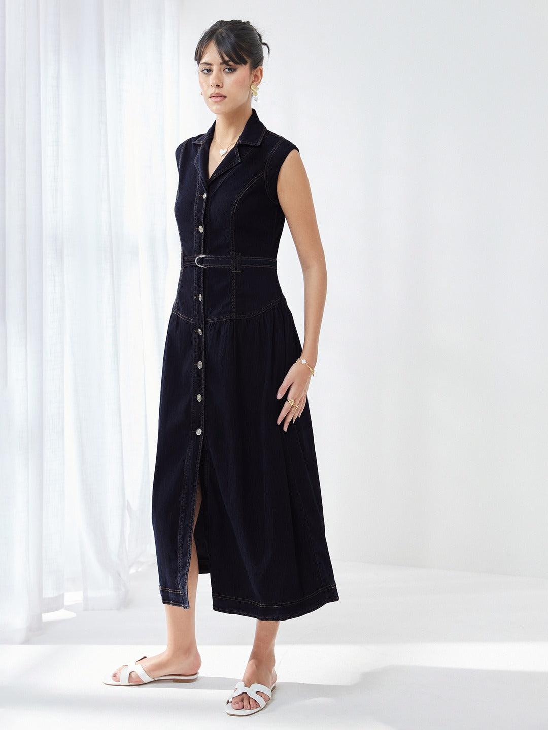 Dark Blue Notched-Collar Sleeveless Solid Drop Waist Maxi-Length Light Weight Denim Shirt Dress for Women