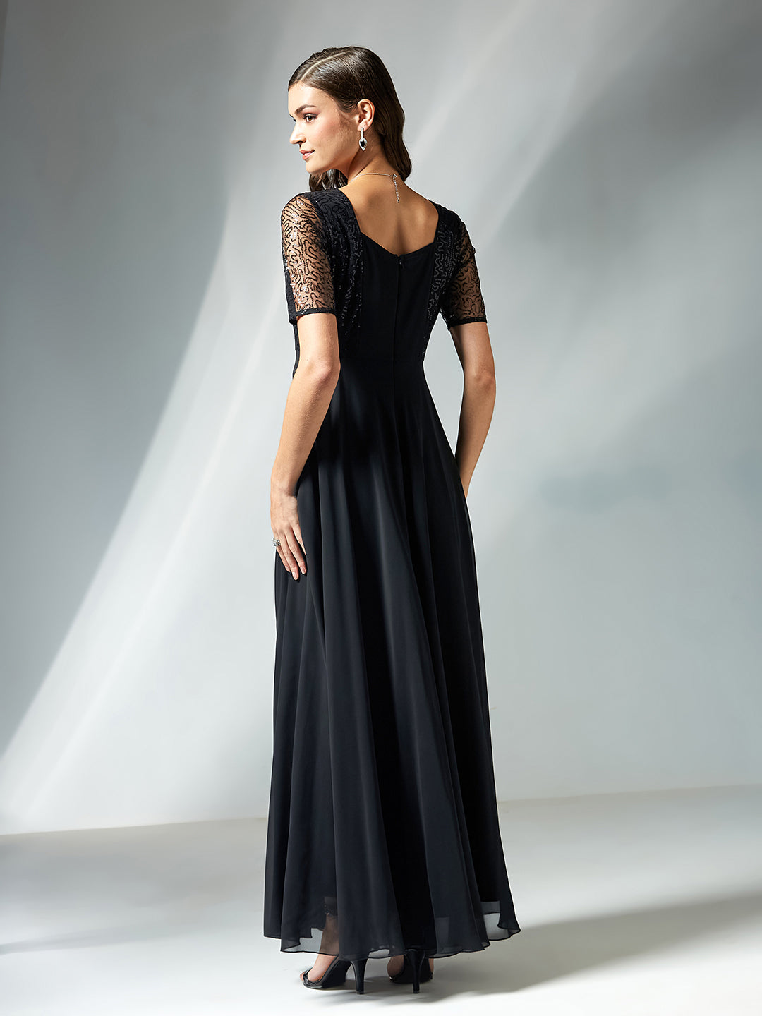 Black Square Neck Half Sleeve Solid Embellished Maxi Dress for Women — Miss Chase