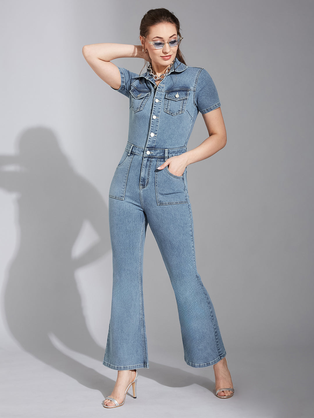 Women's Blue Flared High-Rise Regular Stretchable Denim Jumpsuit
