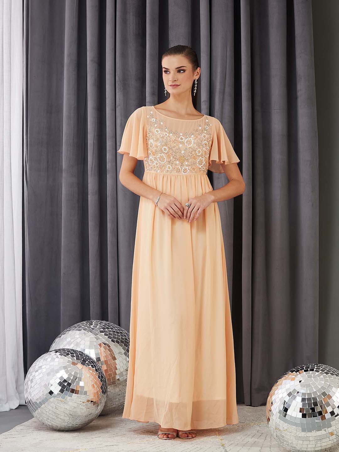 Women's Peach Boat Neck Half Sleeve Solid Embellished Georgette Maxi Dress
