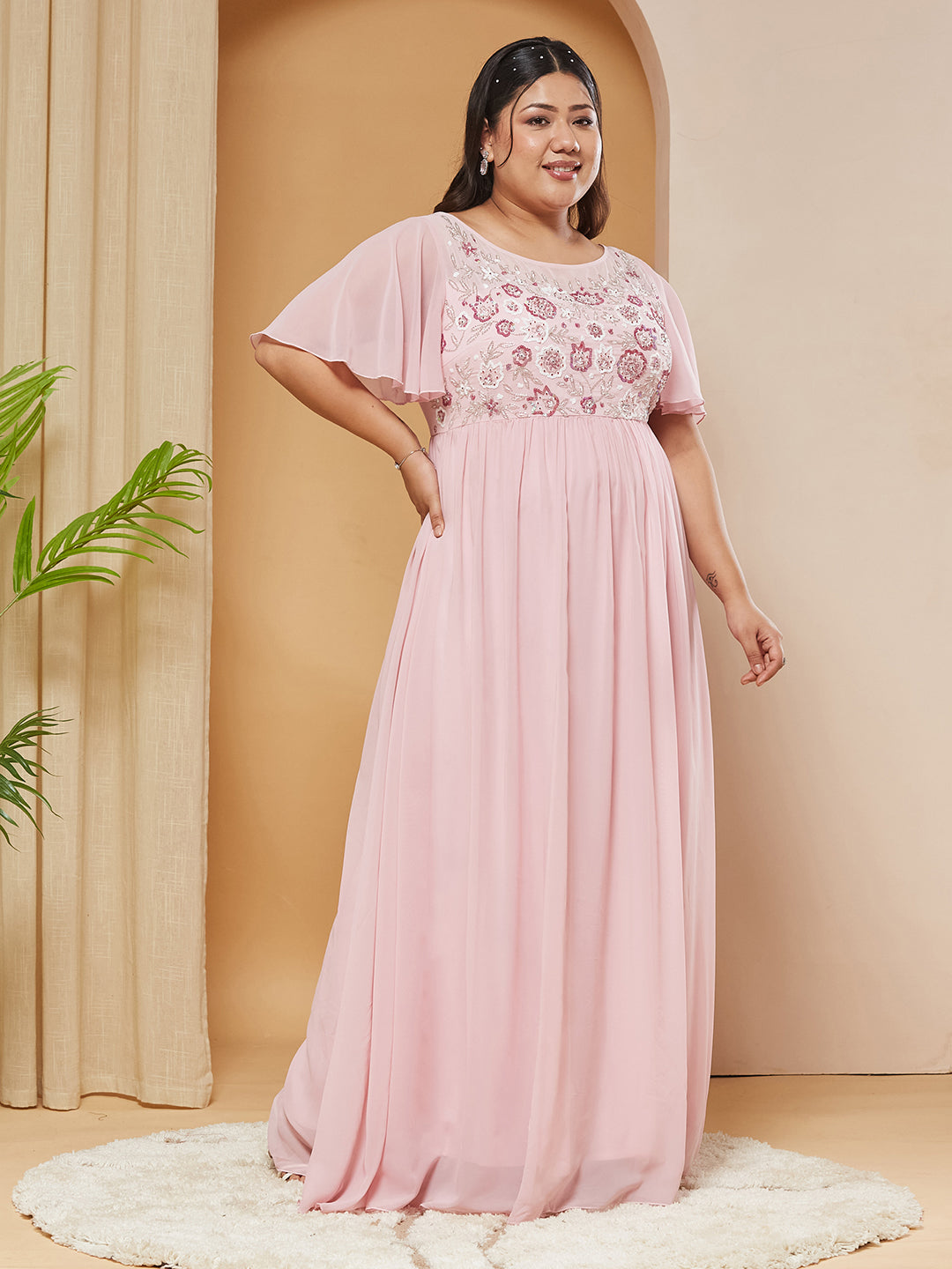 Blush Pink Embellished Gathered Maxi Dress for Women — Miss Chase A+