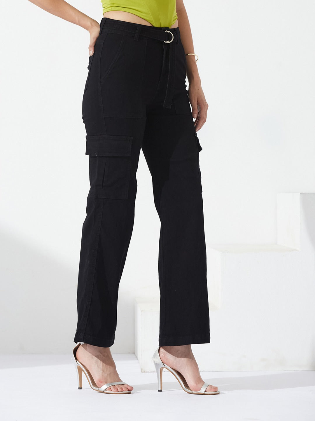 Black Wide leg high-rise Regular Stretchable Denim Jeans for Women