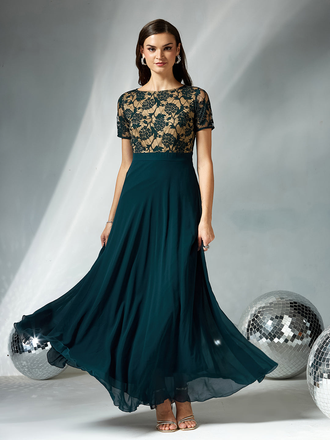 Teal Round Neck Half Sleeve Self Design Fit & Flare Georgette Maxi Dress for Women