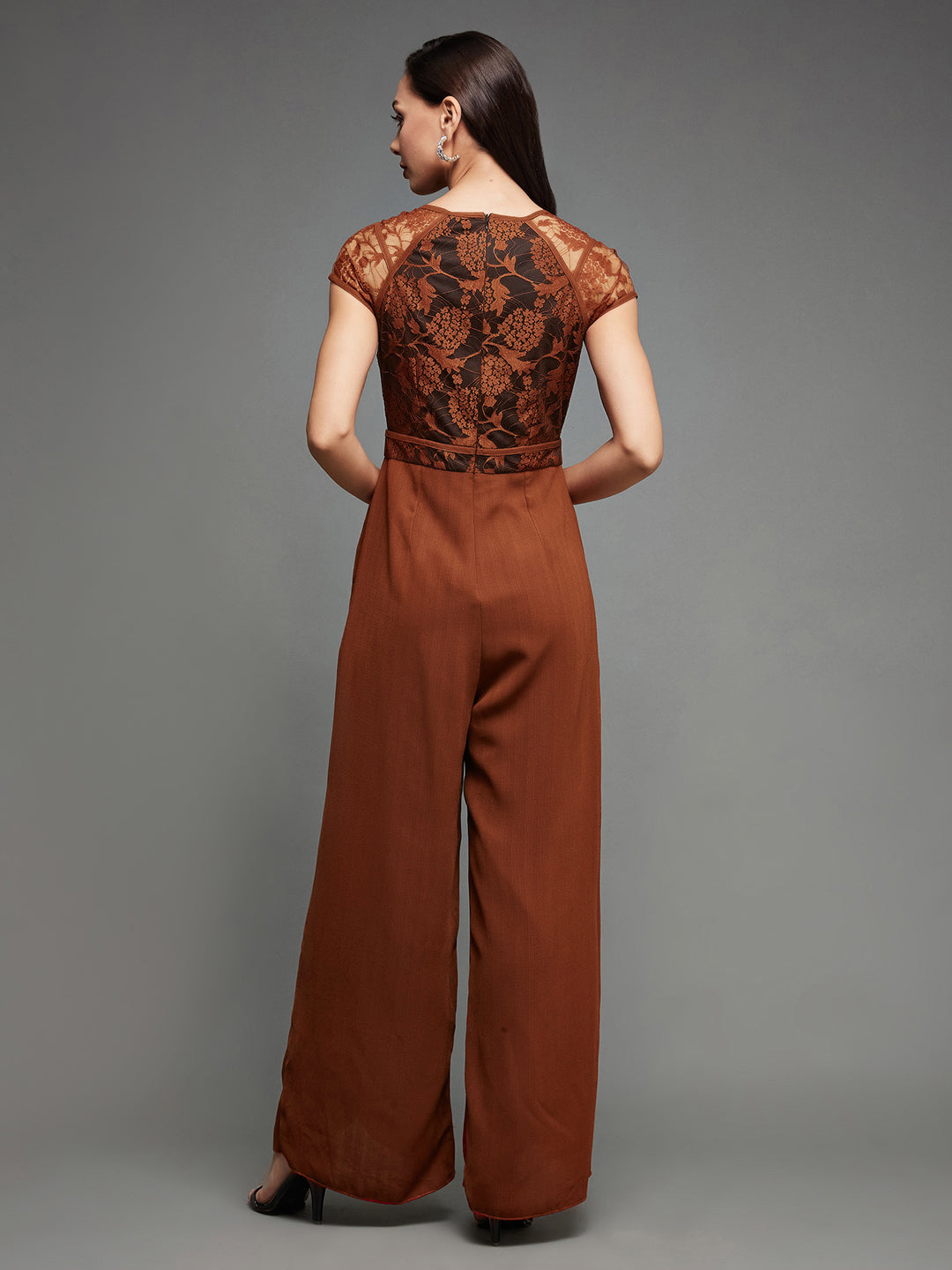 Women's Rust Sweetheart Neck Raglan Sleeve Floral Lace Overlaid Crepe Regular Length Jumpsuit