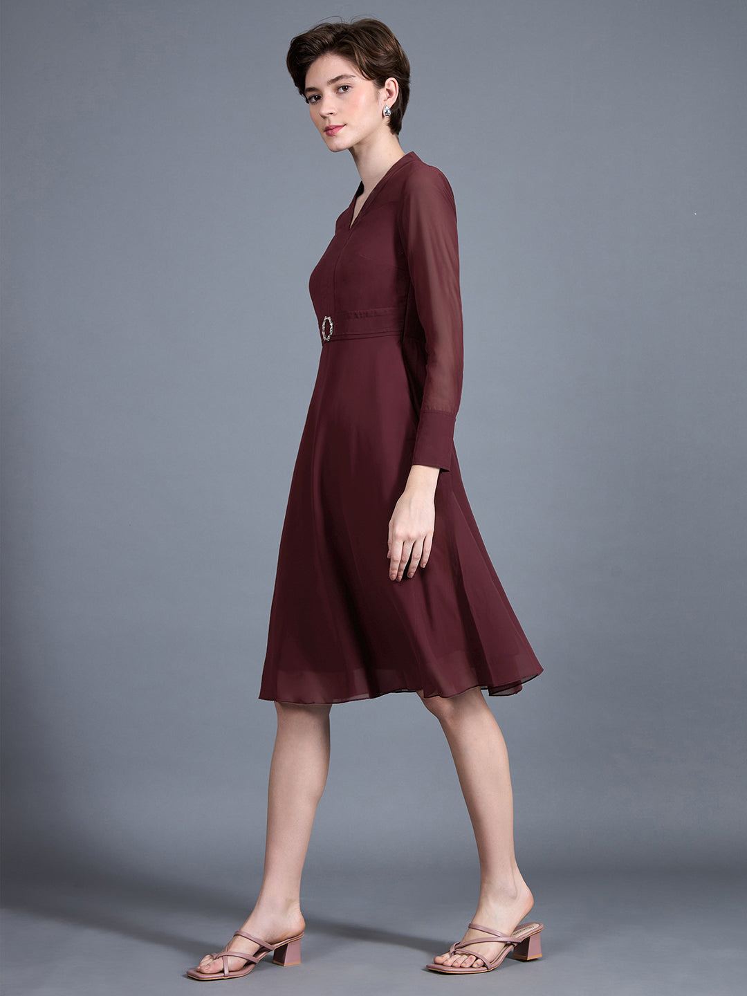 Women's Wine Red V-Neck Full Sleeve Solid Fit & Flare Midi Dress