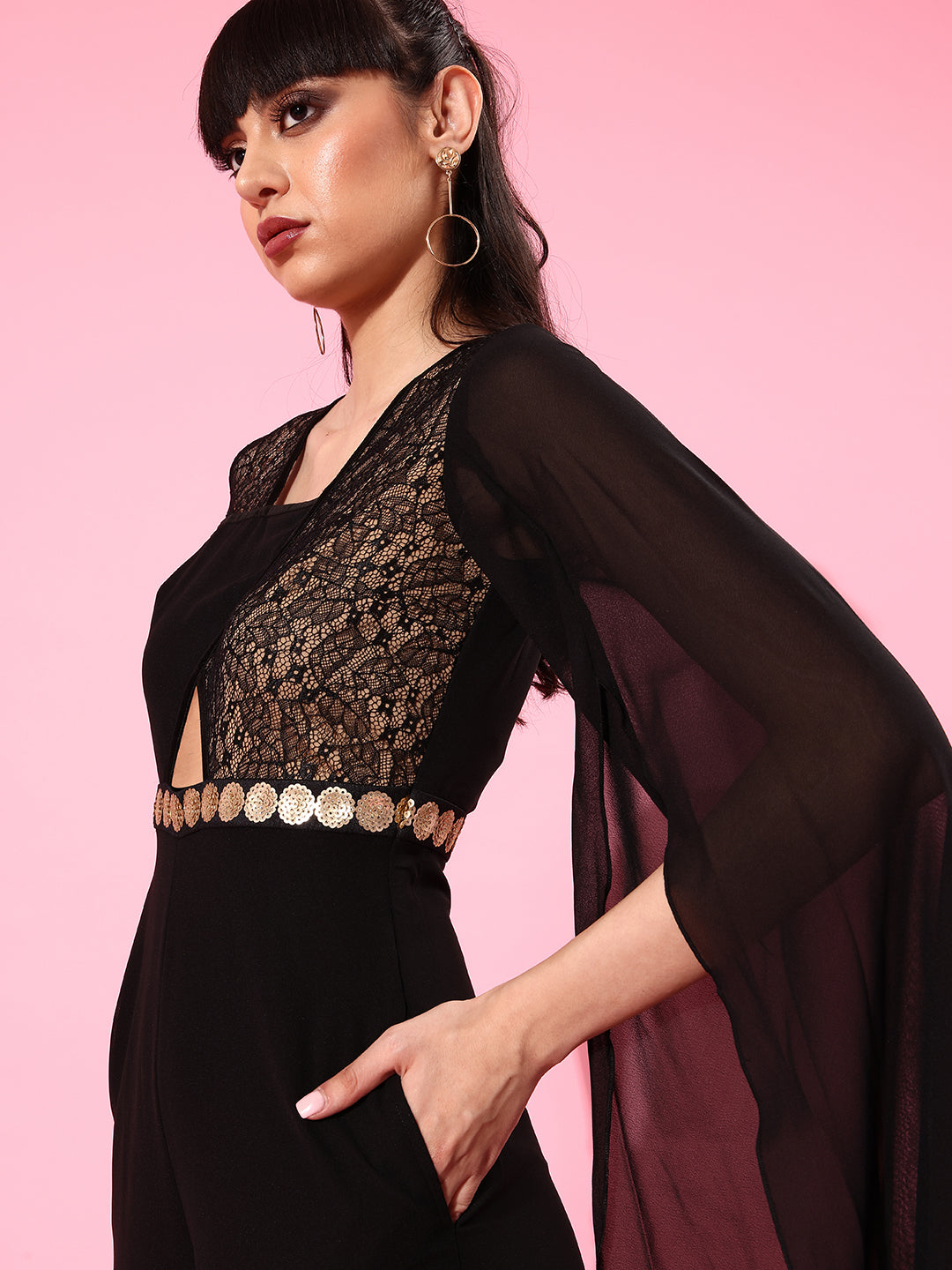 Women's Black & Beige Square Neck Asymmetric Sleeve Self Design Cut-out Regular Jumpsuit