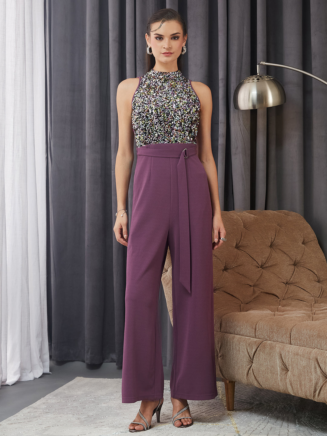 Women's Multicolored Base Lavender Sleeveless Embellished Halter Neck Regular Jumpsuit
