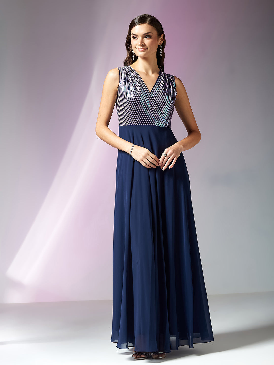 Navy Blue V-Neck Sleeveless Embellished Wrap Maxi Georgette Dress for Women