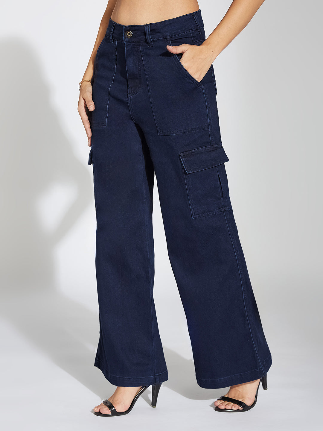 Women's Navy Blue Wide-Leg High-Rise Clean-Look Stretchable Denim Cargo Jeans