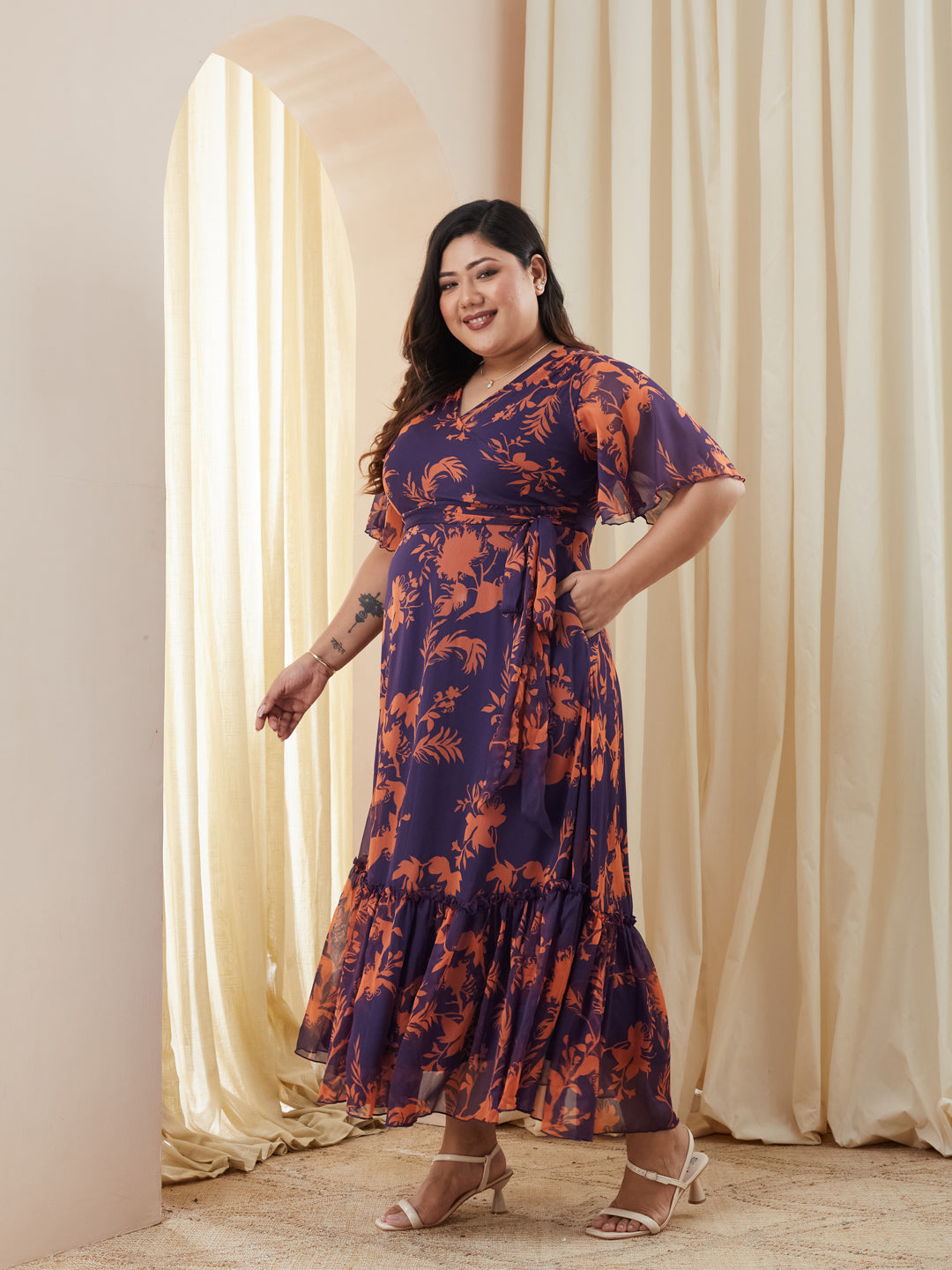 Purple & Orange Floral Wrap Chiffon Maxi Dress with Flutter Sleeves & Frilled Hem for Women