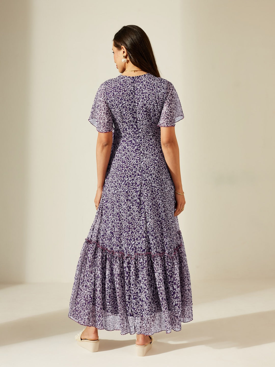 Purple V Neck Flared Sleeve Floral Wrap Chiffon Maxi Dress for Women