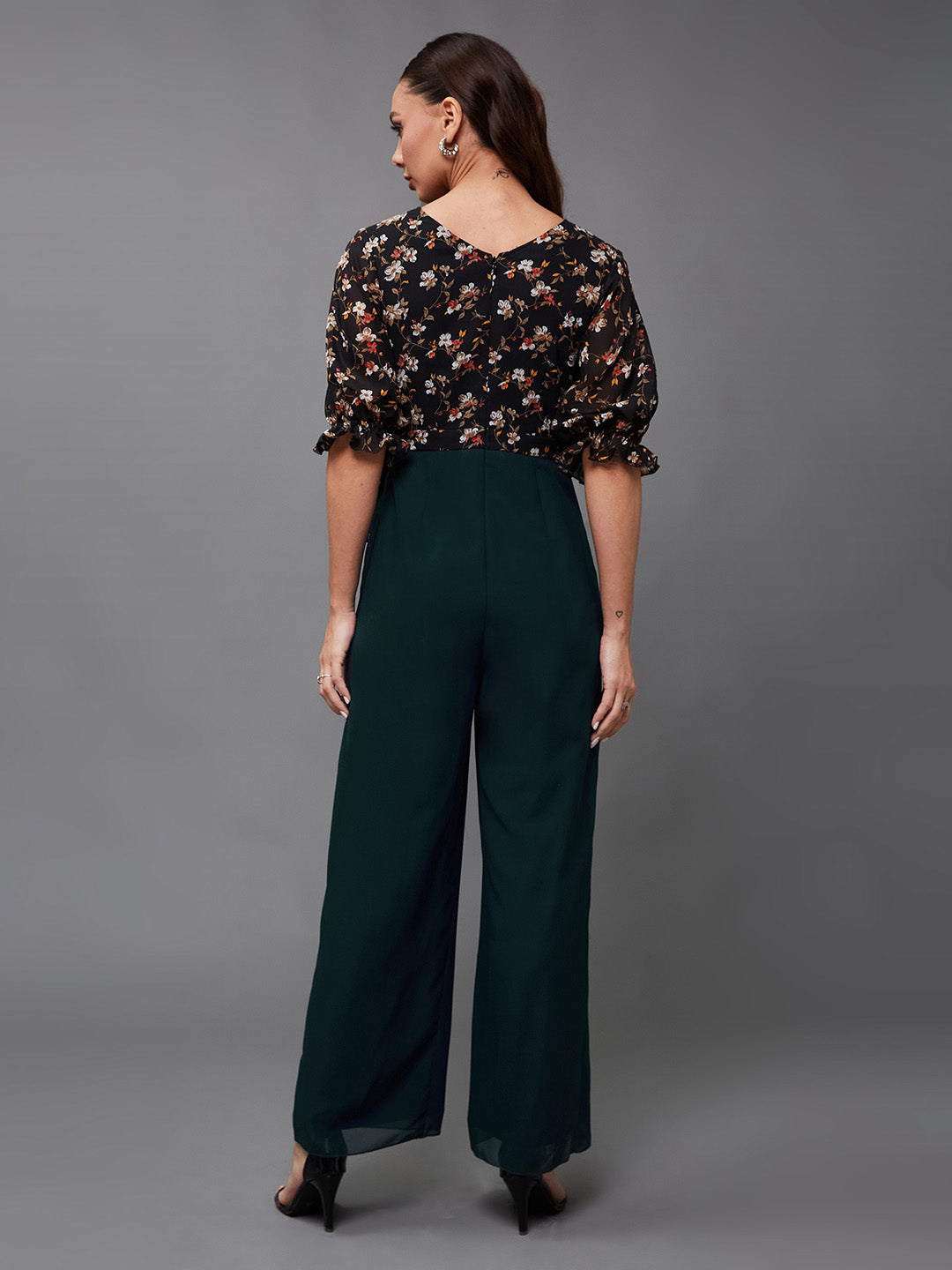 Women's Multicolored-Base-Teal V-Neck Puff Sleeve Floral Patterned Wrap Regular Georgette Jumpsuit