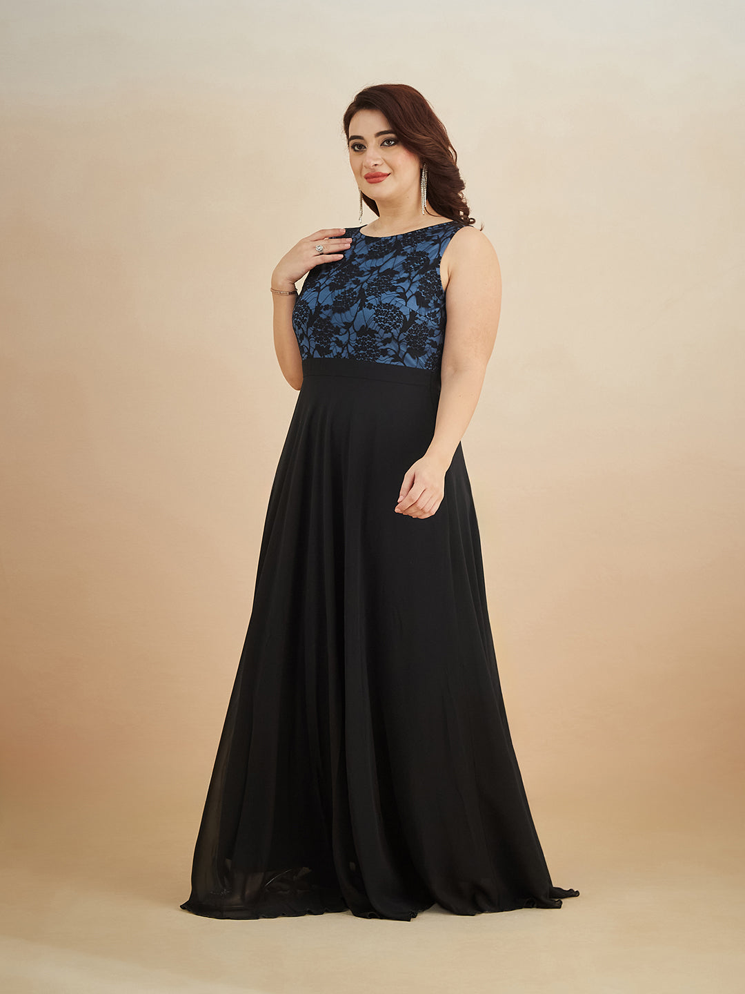 Blue & Black Round Neck Sleeveless Georgette Floral Lace Fit & Flare Maxi Dress for Women — Miss Chase A+