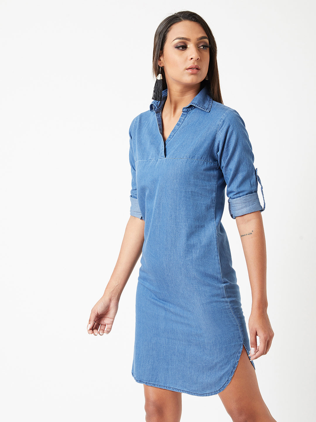 Women's Blue Polo Neck Full Sleeve Solid Knee length Denim Dress