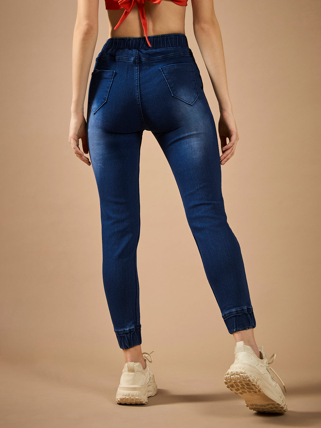 Women's Navy Blue Solid Mid-Rise Clean-Look Regular-Length Stretchable Denim Jogger Pants