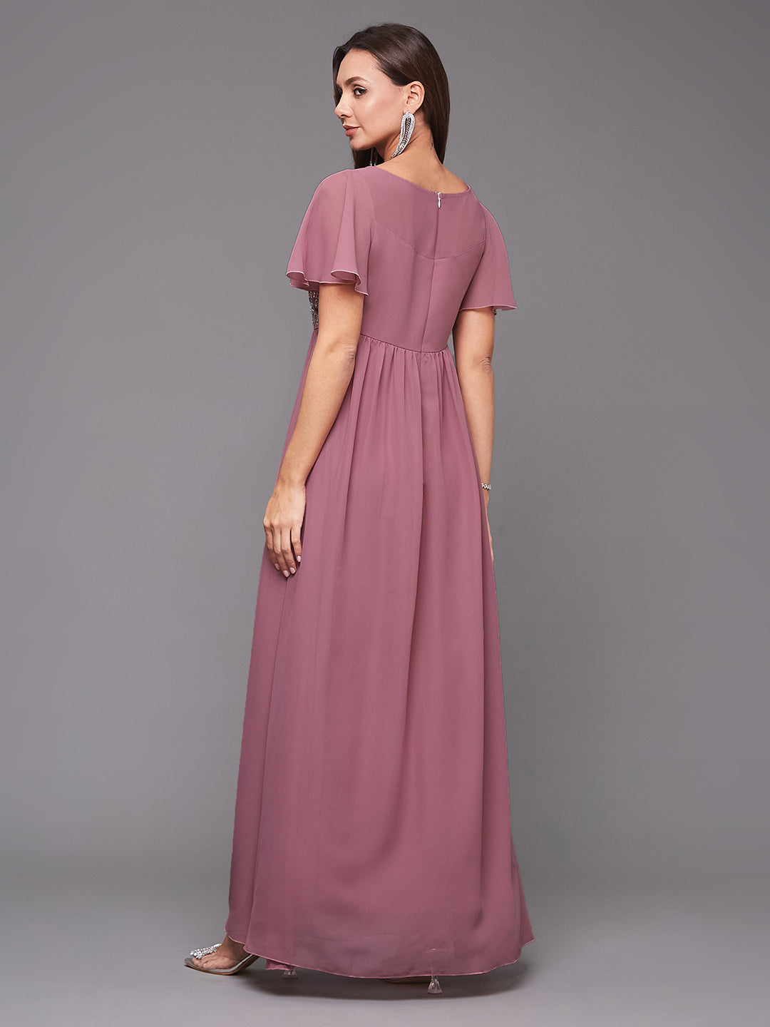 Women's Dusty Lavender Boat Neck Half Sleeve Solid Embellished Georgette Maxi Dress