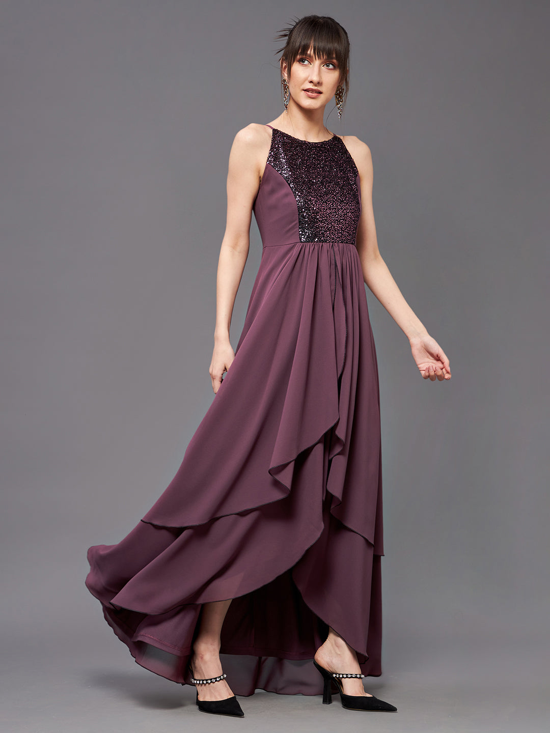 Women's Mauve Halter Neck Sleeveless Sequined Layered Party Maxi Dress