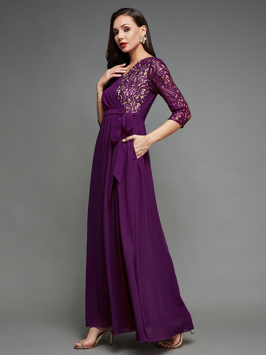 Women's Dark Purple Colored V-Neck Three-Quarter Sleeve Self-Designed Wrap Maxi Georgette Dress